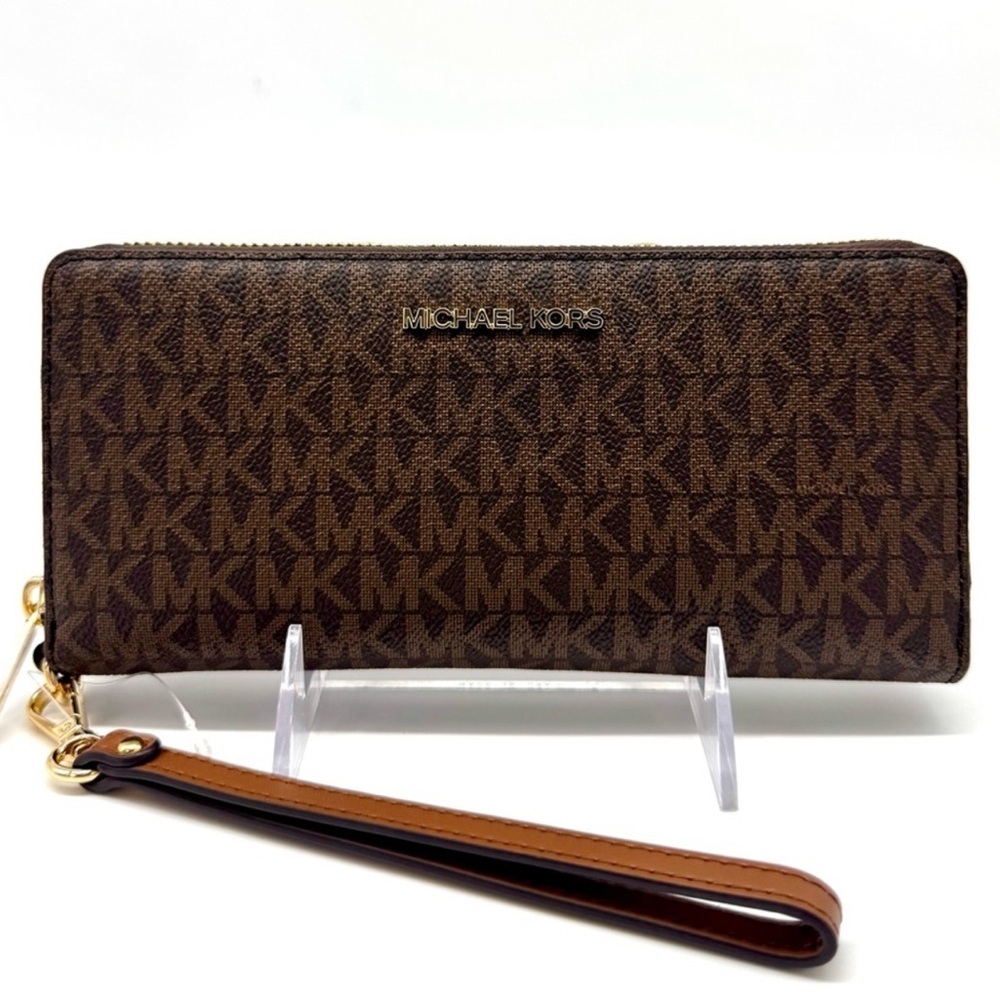 Michael Kors Large Jet Set Travel Signature Continental Wallet Wristlet Brown